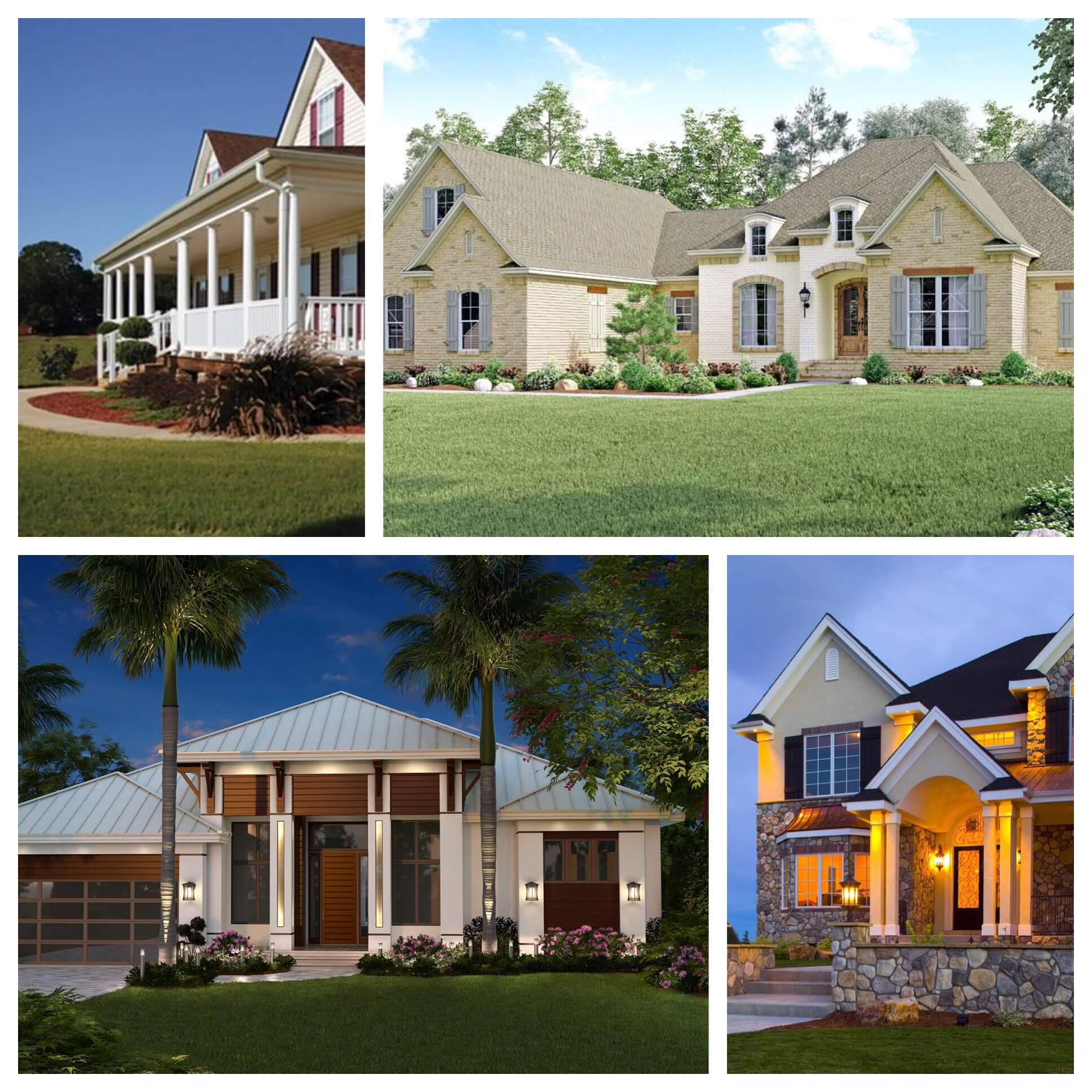 Examples of the many architectural styles for house plans available at The Plan Collection.